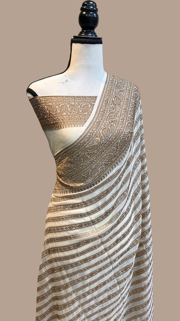 Half White Pure Banarasi Khaddi Georgette Fancy Zari Striped Silk Saree