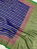 Blue Double Color Border Pure Banarasi Khaddi Georgette Fancy Zari Striped Silk Saree