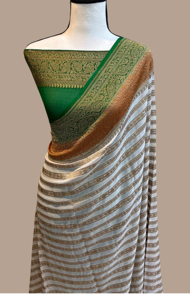 Half White Double Color Border Pure Banarasi Khaddi Georgette Fancy Zari Striped Silk Saree