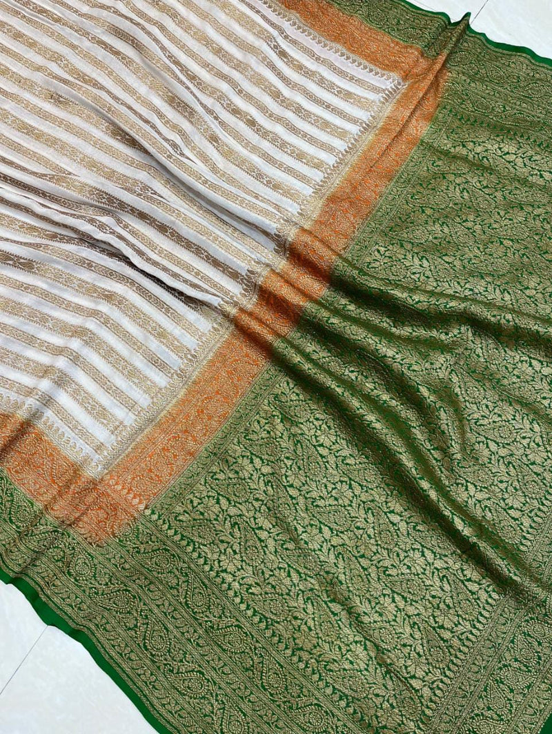 Half White Double Color Border Pure Banarasi Khaddi Georgette Fancy Zari Striped Silk Saree