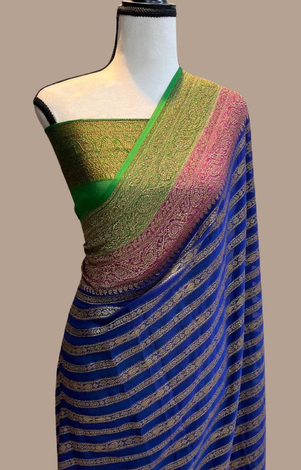 Blue Double Color Border Pure Banarasi Khaddi Georgette Fancy Zari Striped Silk Saree
