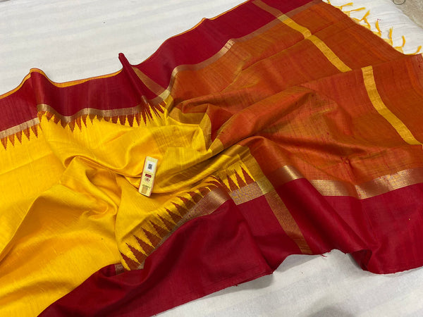 Pure Raw Silk Sarees with Contrast Temple Border