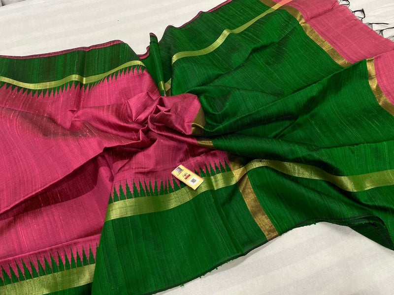 Pure Raw Silk Sarees with Contrast Temple Border