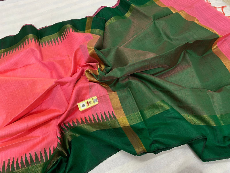 Pure Raw Silk Sarees with Contrast Temple Border