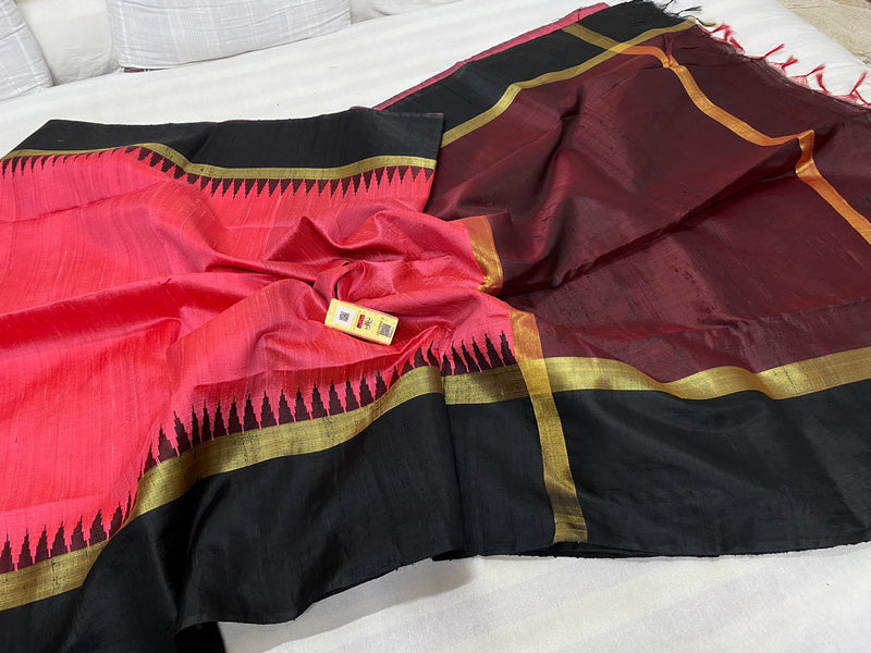 Pure Raw Silk Sarees with Contrast Temple Border