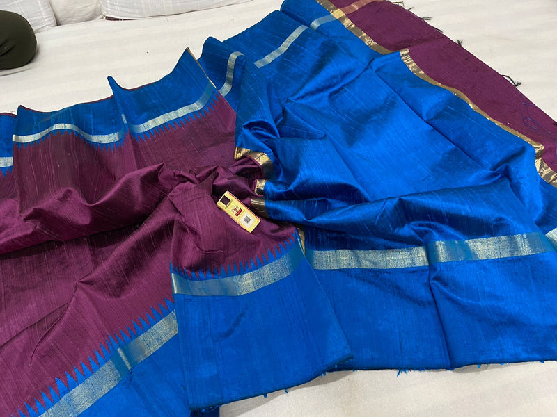 Pure Raw Silk Sarees with Contrast Temple Border