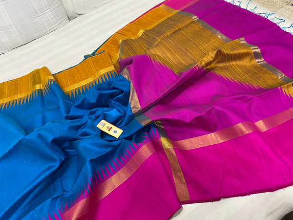 Pure Raw Silk Sarees with Contrast Temple Border