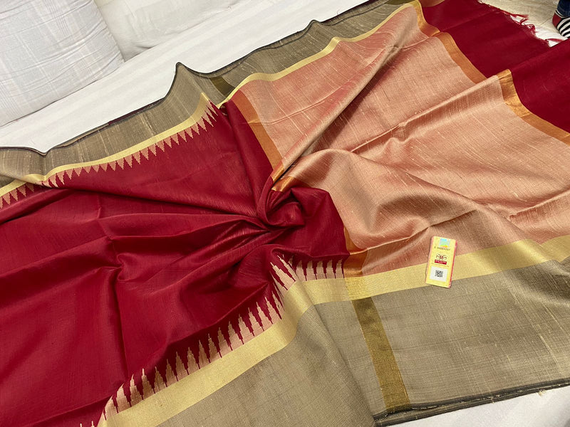 Pure Raw Silk Sarees with Contrast Temple Border