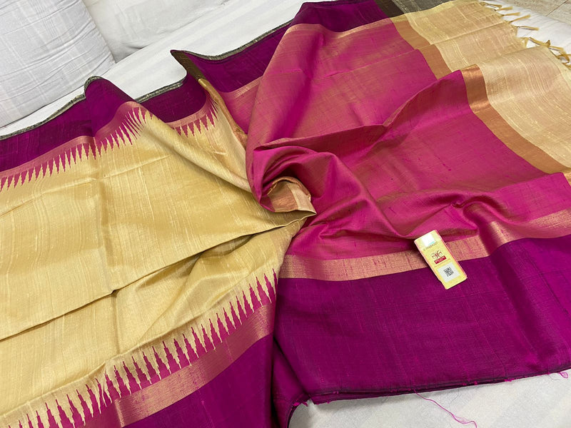 Pure Raw Silk Sarees with Contrast Temple Border