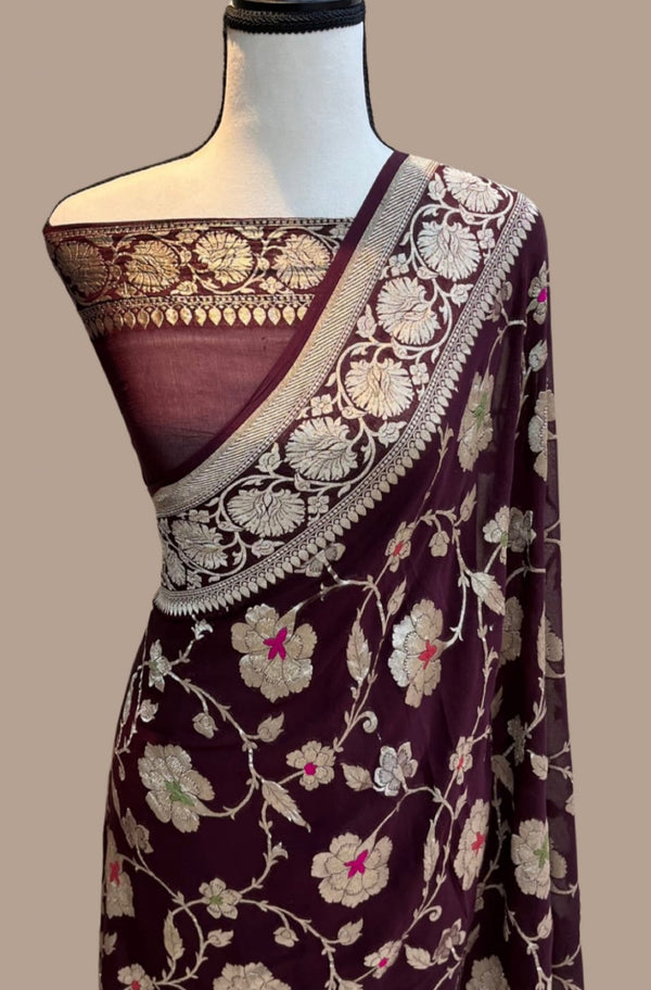 Brown Pure Banarasi Khaddi Georgette Silk Saree with Meenakari Jangla Design