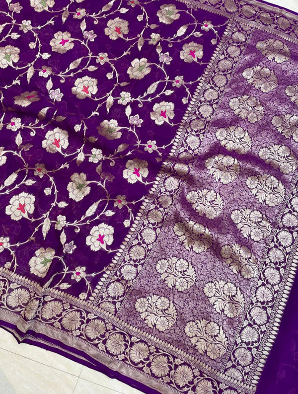 Purple Pure Banarasi Khaddi Georgette Silk Saree with Meenakari Jangla Design
