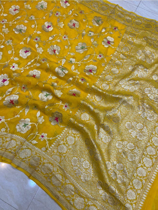 Yellow Pure Banarasi Khaddi Georgette Silk Saree with Meenakari Jangla Design