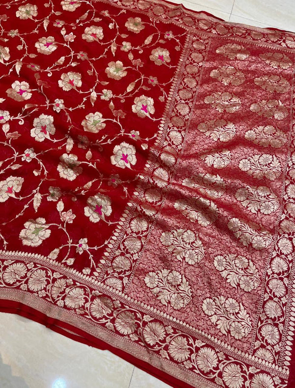 Red Pure Banarasi Khaddi Georgette Silk Saree with Meenakari Jangla Design