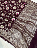 Brown Pure Banarasi Khaddi Georgette Silk Saree with Meenakari Jangla Design