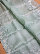 Pastel Blue Organza Saree Embroidery Alfi Cutwork Scallop Border Saree