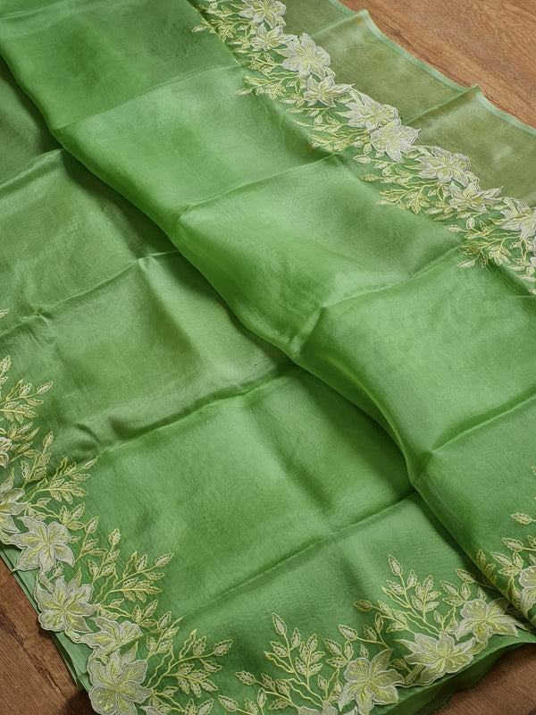 Pastel Green Organza Saree Embroidery Alfi Cutwork Scallop Border Saree