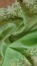 Pastel Green Organza Saree Embroidery Alfi Cutwork Scallop Border Saree
