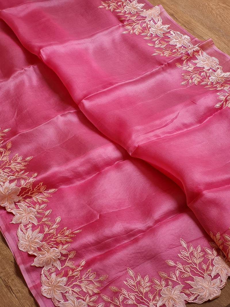 Pink Organza Saree Embroidery Alfi Cutwork Scallop Border Saree