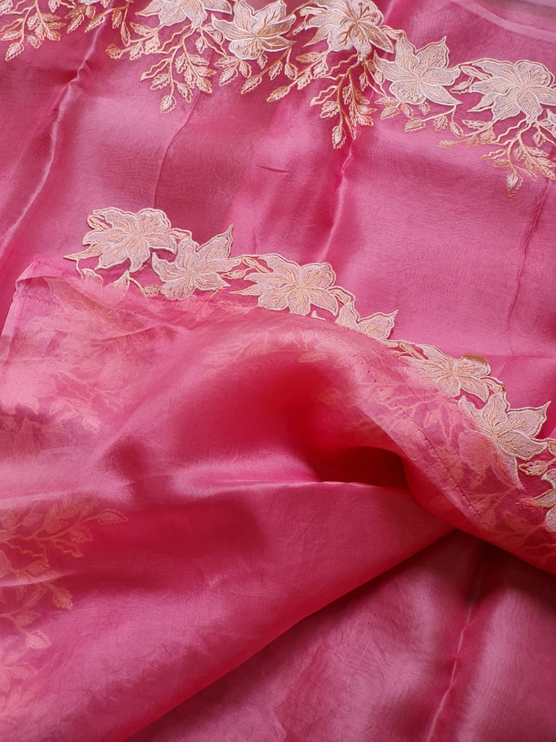 Pink Organza Saree Embroidery Alfi Cutwork Scallop Border Saree