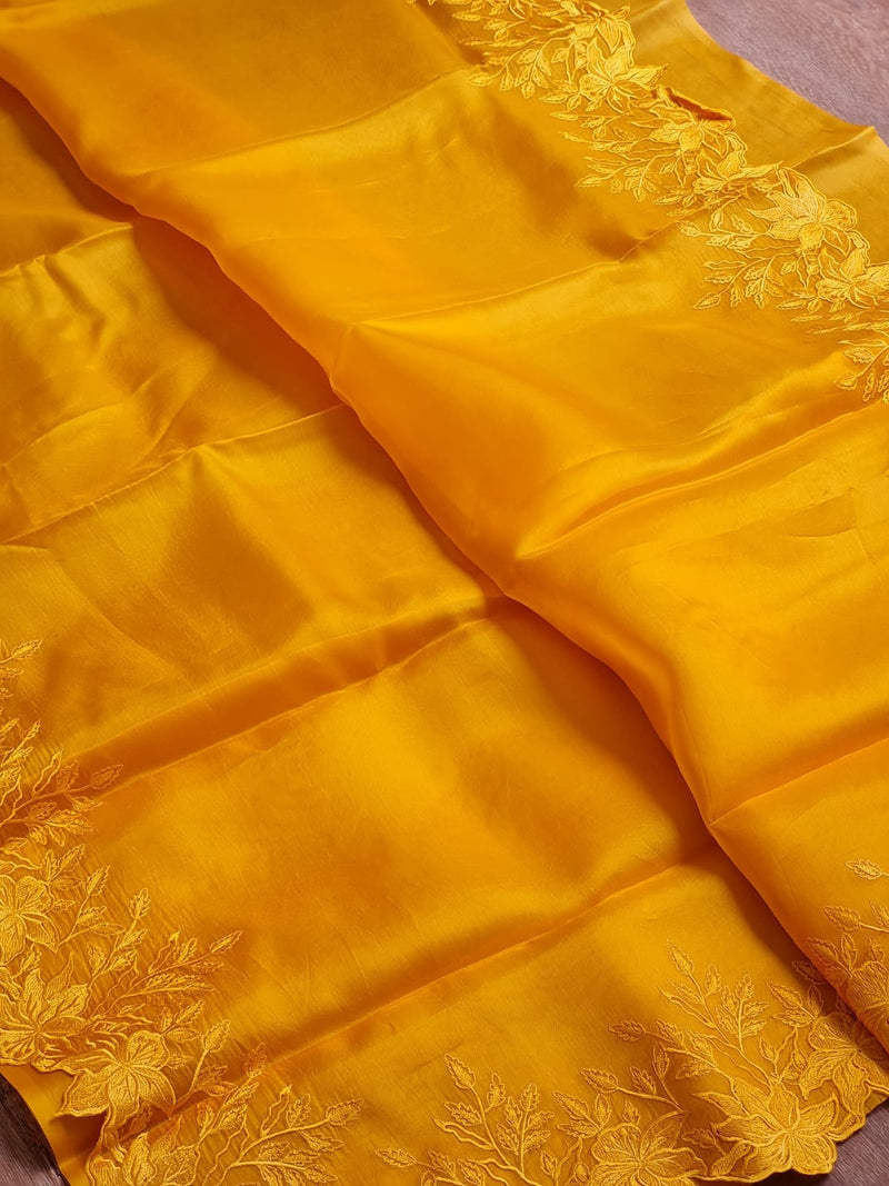 Yellow Organza Saree Embroidery Alfi Cutwork Scallop Border Saree