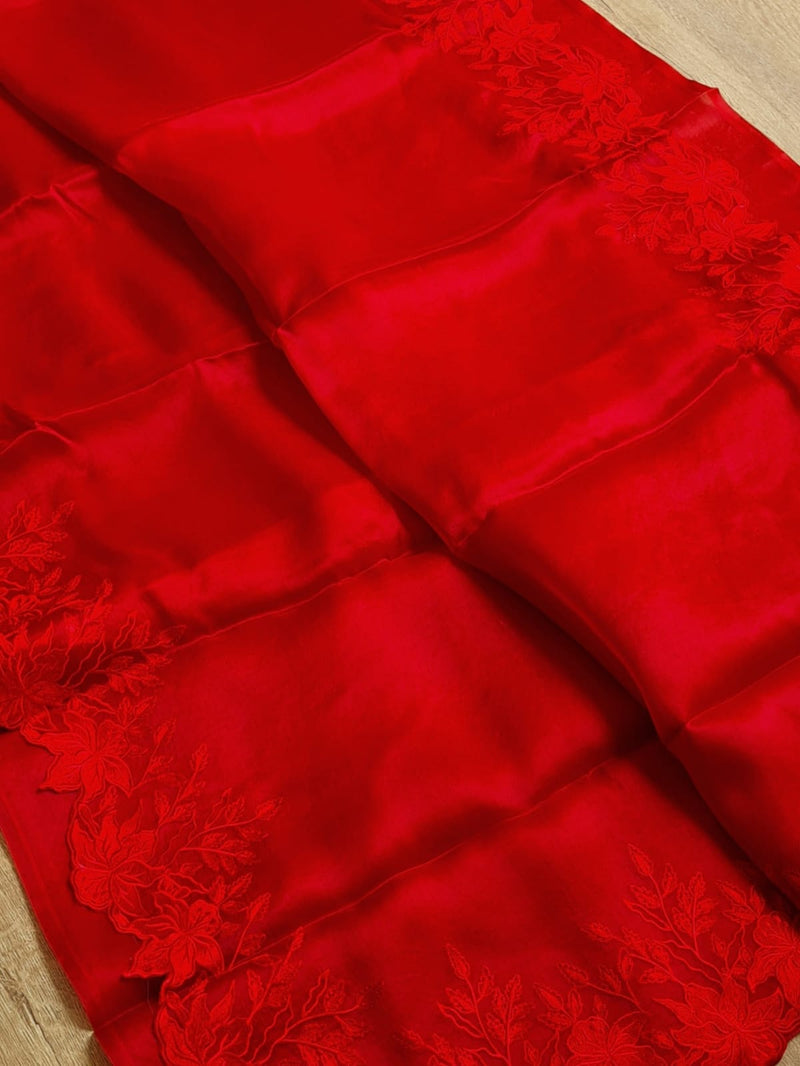 Red Organza Saree Embroidery Alfi Cutwork Scallop Border Saree