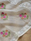 Half White Organza Floral Embroidery Saree with Crochet Border