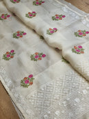 Half White Organza Floral Embroidery Saree with Crochet Border