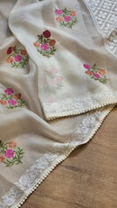 Half White Organza Floral Embroidery Saree with Crochet Border