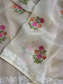 Half White Organza Floral Embroidery Saree with Crochet Border
