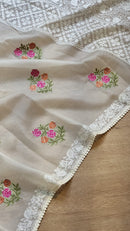 Half White Organza Floral Embroidery Saree with Crochet Border