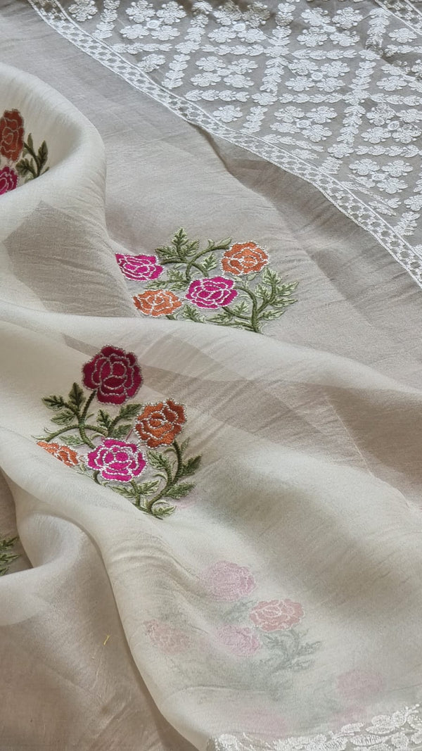 Half White Organza Floral Embroidery Saree with Crochet Border