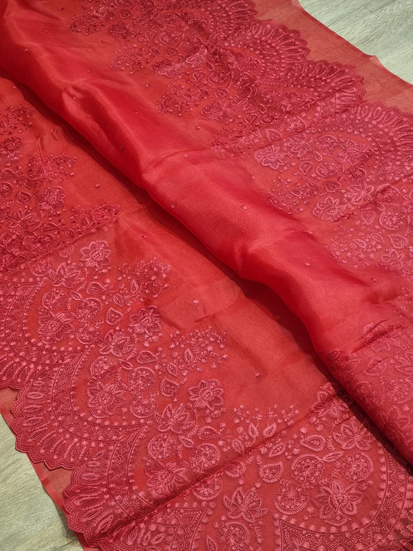 Red Organza Saree with Embroidery Border