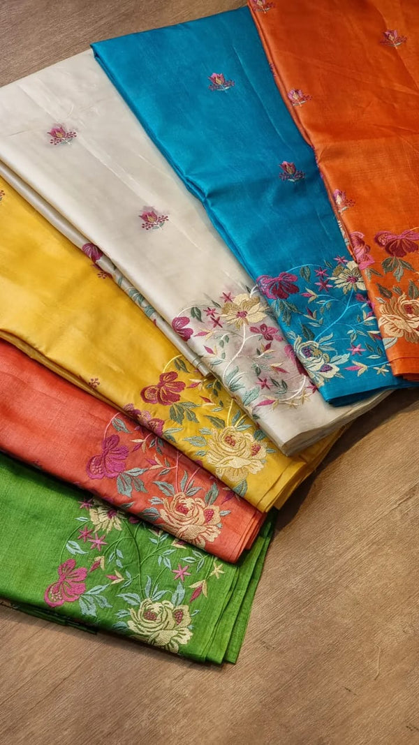 Pure Tussar Silk Embroidery Work Saree