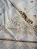 Half White Tussar Silk Embroidery Work Saree