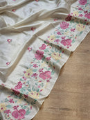 Half White Tussar Silk Embroidery Work Saree