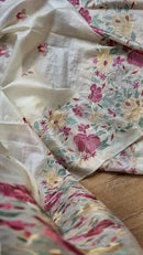 Half White Tussar Silk Embroidery Work Saree