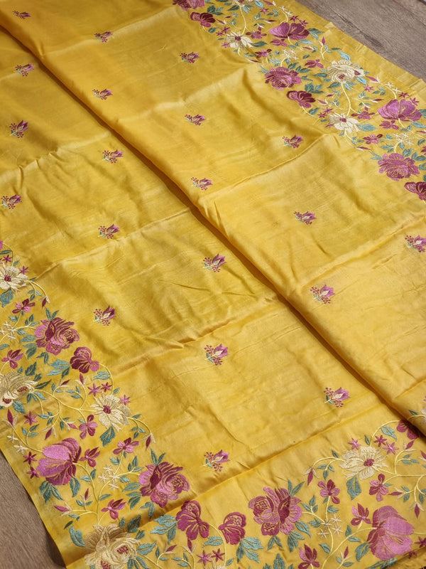 Yellow Tussar Silk Embroidery Work Saree