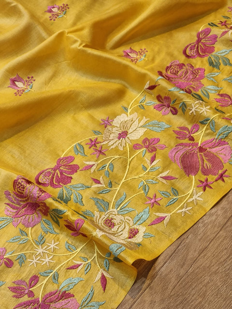 Yellow Tussar Silk Embroidery Work Saree