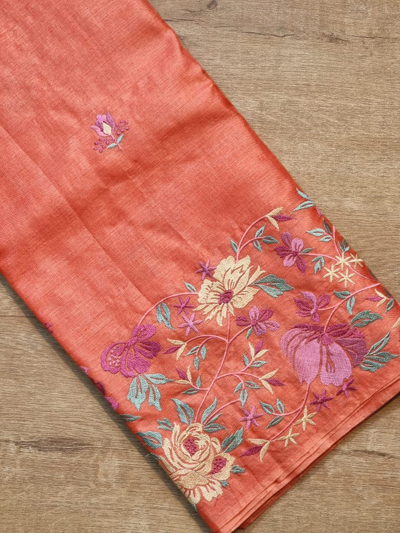 Peach Orange Tussar Silk Embroidery Work Saree