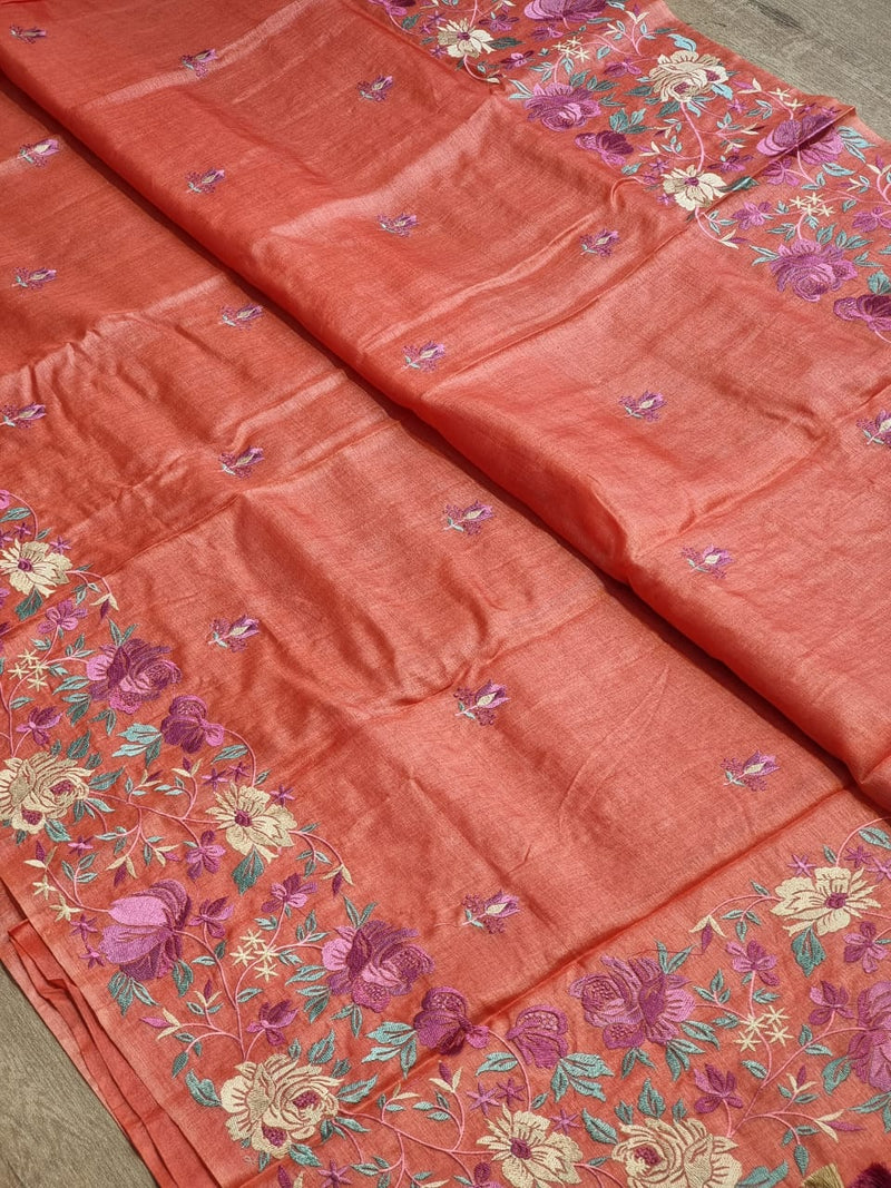 Peach Orange Tussar Silk Embroidery Work Saree