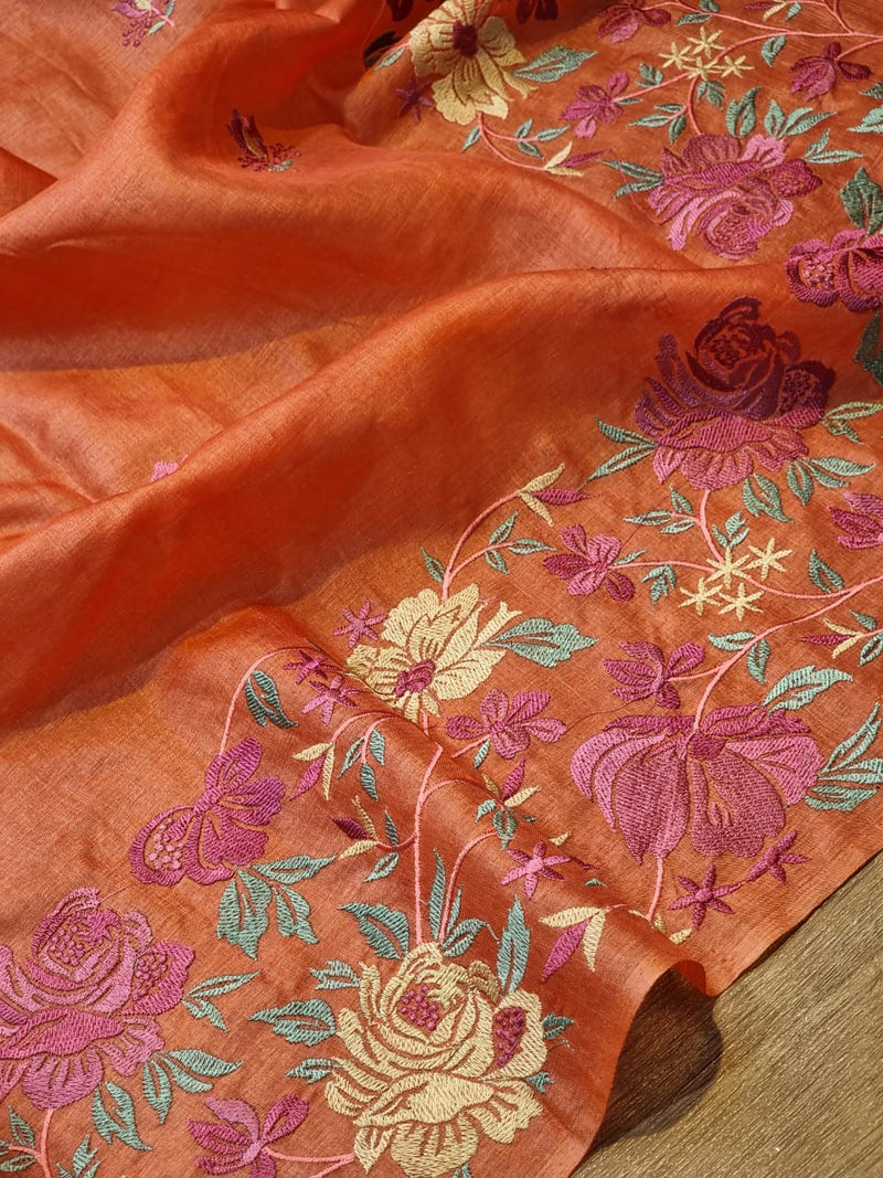 Peach Orange Tussar Silk Embroidery Work Saree