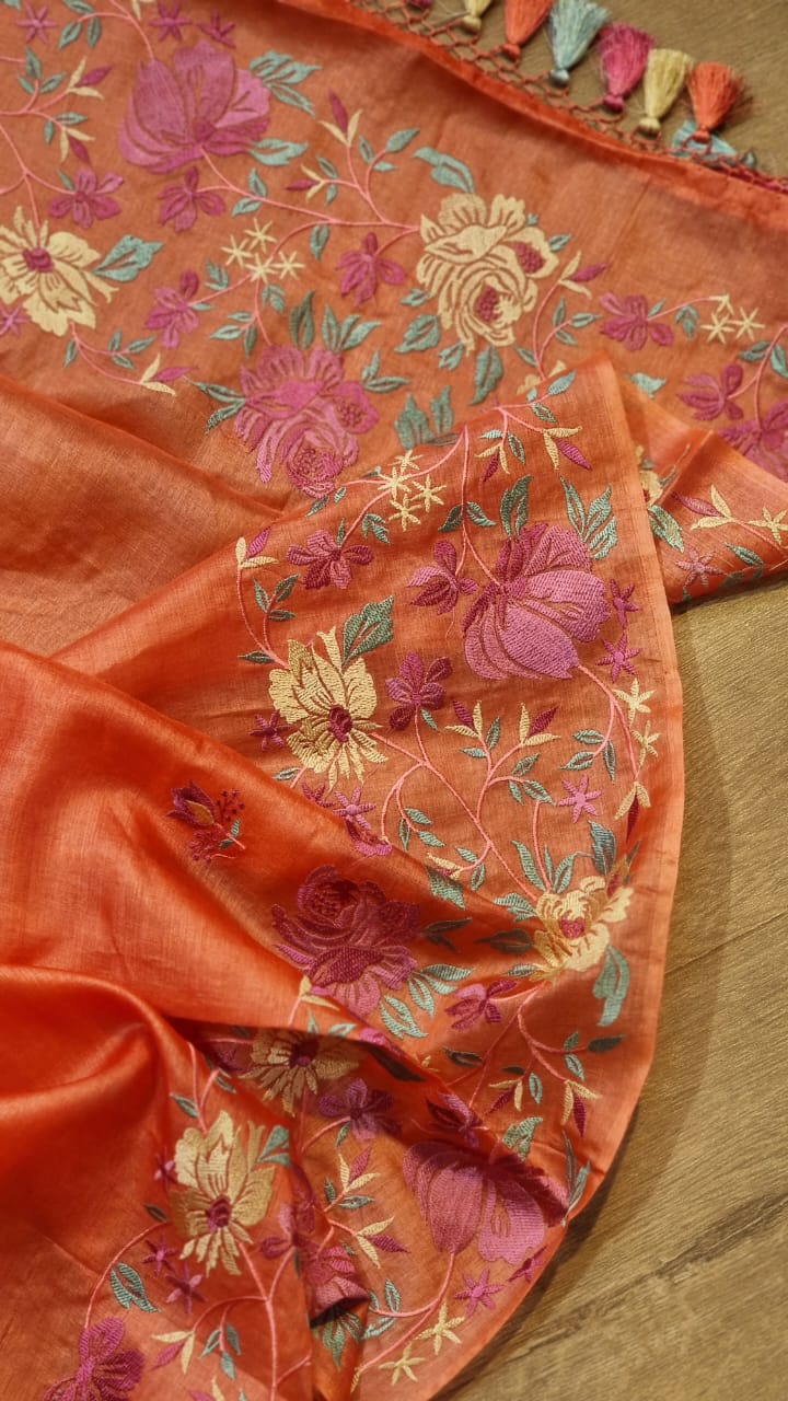 Peach Orange Tussar Silk Embroidery Work Saree