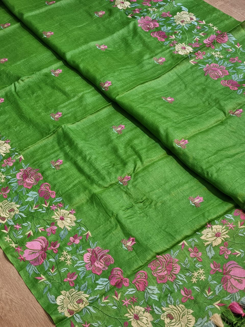 Green Tussar Silk Embroidery Work Saree