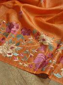 Rust Orange Tussar Silk Embroidery Work Saree