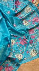 Blue Tussar Silk Embroidery Work Saree