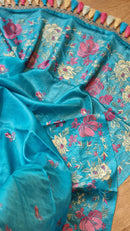 Blue Tussar Silk Embroidery Work Saree