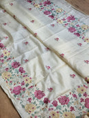 Half White Tussar Silk Embroidery Work Saree