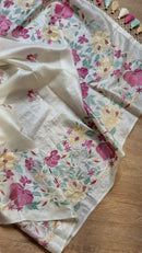 Half White Tussar Silk Embroidery Work Saree