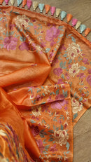 Rust Orange Tussar Silk Embroidery Work Saree