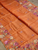 Rust Orange Tussar Silk Embroidery Work Saree